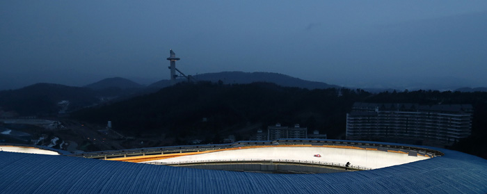 The Alpensia Sliding Center, host of the Viessmann Luge World Cup and the Viessmann Team Relay World Cup, lights up the night in Pyeongchang, Gangwon-do Province. It's the venue for the luge, bobsleigh and skeleton events at next year’s Winter Olympics.